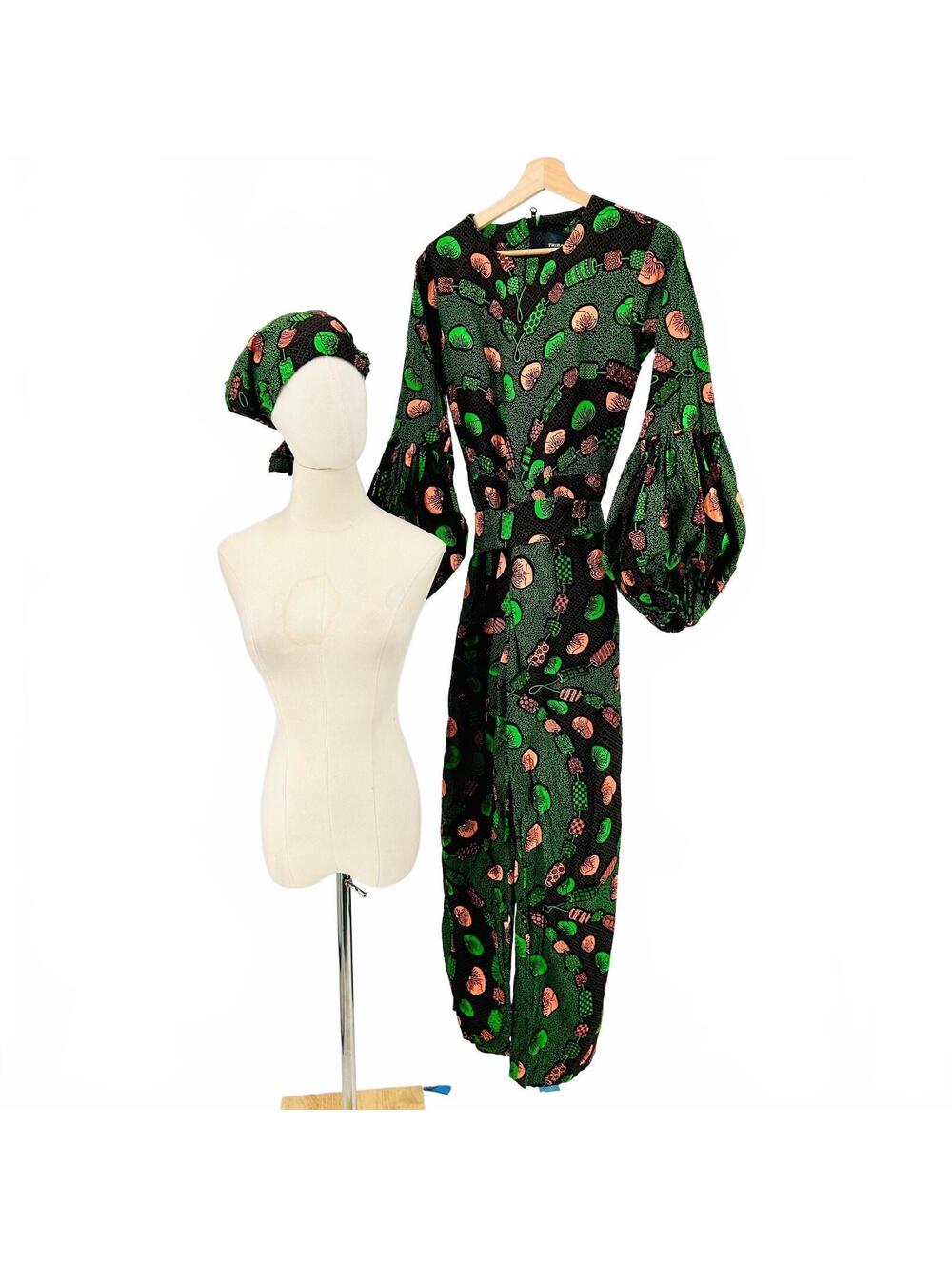 Tribalbyn Green Coral Mushroom Ankara Print Cotton Jumpsuit